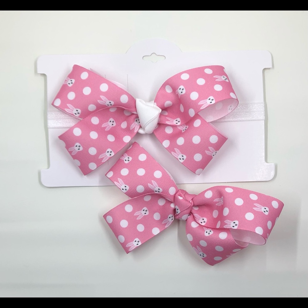 NWT Set of Pink Easter Bunny Hair Bow & Headband
